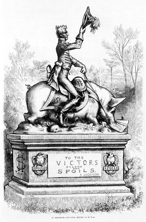 In memoriam--our civil service as it was, a political cartoon by Thomas Nast showing a statue of Andrew Jackson on a pig, which is over "fraud", "brib