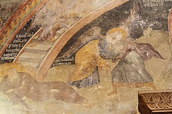 Scena hrvanja s anđelom i sveti Jakov koji leži na podu u donjem lijevom uglu, dok su pored njega stepenice koje vode ka raju. Freska u crkvi Hora.