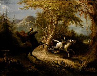 John Quidor's 1858 painting The Headless Horseman Pursuing Ichabod Crane, inspired by Washington Irving's work (Source: Wikimedia)