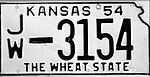 Kansas 1954 license plate - Number JW-3154.jpg