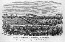 The college in 1878, three years after moving to its current location Kansas State University 1878.jpg