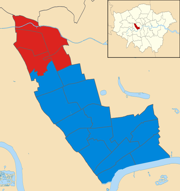 Map of the results of the 2002 Kensington and Chelsea council election. Conservatives in blue and Labour in red.