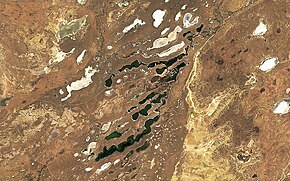Ulkayak nehri ve sol üstte Kızılkol gölünün yer aldığı uydu görüntüsü, Sentinel-2 — Kaynak, — Ağız, Kazakistan