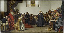 Martin Luther confronting emperor Charles V at the Diet of Worms, painting by Anton von Werner Luther at the Diet of Worms.jpg