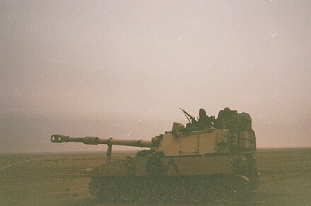 A M109A2 howitzer belonging to Battery C, 4th Battalion of the 3rd Field Artillery Regiment, 2nd Armored Division (FWD) during the Gulf War, February 1991.
