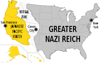 USA divided in three parts: The Japanese Pacific States in the west, Das Grosse Nazi Reich (The Great Nazi Empire) in the east and The Rocky Mountain States (or The Neutral Zone) in the middle Man High Castle (TV Series) map.svg