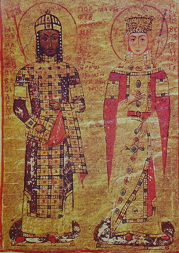 Manuscript miniature of Maria of Antioch with Manuel I Komnenos, Vatican Library, Rome