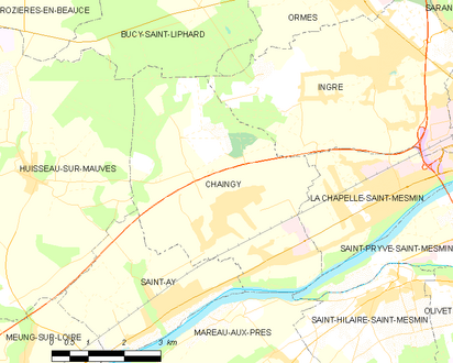 Carte de la commune de Chaingy et des communes limitrophes.