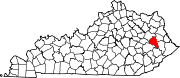 Harta statului Kentucky indicând comitatul Magoffin