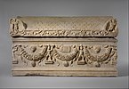 Roman marble sarcophagus with segmented garlands decorated with flowers and fruits, 200-225 CE, Tarsus, Cilicia (modern Turkey).