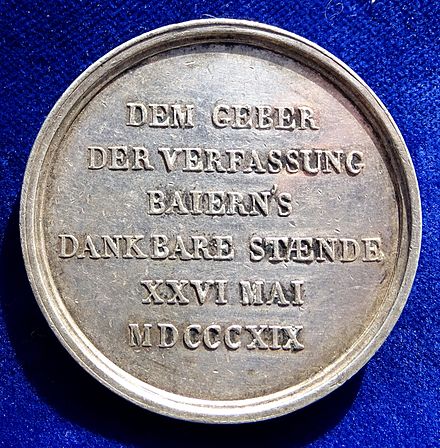 Presentation medal of the Bavarian Parliament (Bayerische Ständeversammlung) 1819 to their King Maximilian I Joseph, on the first anniversary of the constitution of 1818, reverse.