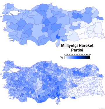 Milliyetçi Hareket Partisi'nin il ve ilçe bazında oy oranlarının yoğunluğunu gösteren harita