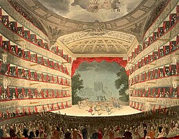 Painting of interior of old theatre, looking from the auditorium towards the stage