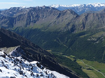 Oberes Schnalstal mit Mastaun und Gerstgraserspitzen von der Grawand-Bergstation (Schnalskamm)