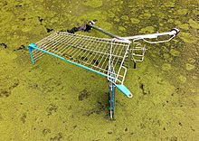 A broken Shopping cart, thrown into a waterway, Netherlands Objects. Abandoned shopping cart.jpg