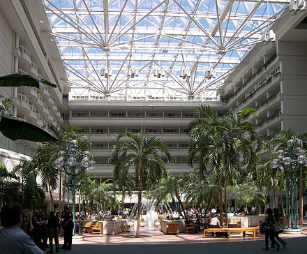 The east airport atrium with shops and the Hyatt Regency hotel.