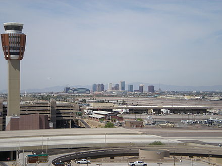 Sky Harbor's Control Tower with Downtown Phoenix in the distance