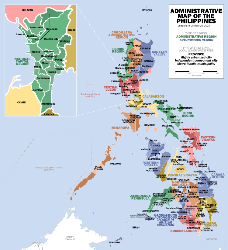 Провинциялар мен тәуелсіз қалалар мен оларды біріктірілген аймақтарды көрсететін Филиппиндердің әкімшілік картасы.
