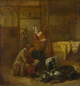 Pieter de Hooch - 3 angka di kandang dengan burung mati dan anjing - overpainted di 19th-century.jpg