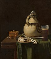 Still Life with Earthenware Jug and Clay Pipes 1658. oil on canvas medium QS:P186,Q296955;P186,Q12321255,P518,Q861259 . 67 × 58.8 cm (26.3 × 23.1 in). The Hague, Mauritshuis.
