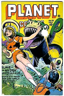 Comic book cover showing a man in a spacesuit shooting a monster, as the monster grabs a woman in a spacesuit with its tentacles