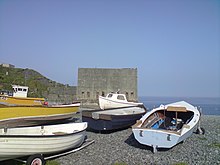 The loading silo at Porthoustock beach Porthoustock Silo.JPG