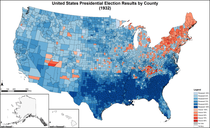 Results by county explicitly indicating the percentage for the winning candidate. Shades of blue are for Roosevelt (Democratic), shades of red are for Hoover (Republican), grey indicates zero recorded votes and white indicates territories not elevated to statehood.[27]