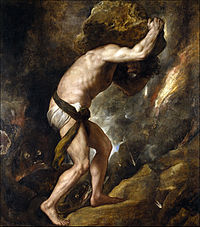 Oil on canvas painting of King Sisyphus, rolling his enchanted stone up a hill in toiling futility