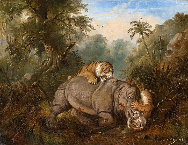 File:Raden Sarief Bustaman Saleh - Fight between a Javanese rhinoceros and two tigers.jpg