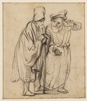 Two Old Men in Conversation /Two Jews in Discussion, Walking, year unknown, black chalk and brown ink on paper, Teylers Museum