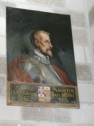 Image of the young 39th Grand Master of the Order of the Knights Hospitalier, 1467 - 1476, Giovanni Battista Orsini, (circa 1450 - 1503), Abbot of the Benedictine Monastery of San Salvadore Maggiore, diocese of Arezzo, since August 1477, Cardinal deacon since November 1483, participant in the conclaves of 1484 to elect Pope Innocent VIII and 1492 to elect Pope Alexander VI, but his properties were confiscated by such Pope, the father of Cesare Borgia, in January 1503, dying in prison, probably poisoned according to some pamphlets, on 22 February 1503 Rhodos446.JPG