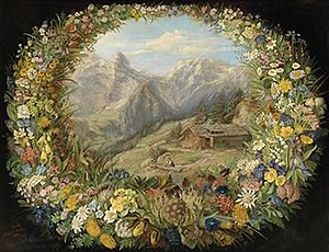 Alpine Landscape with Floral Wreath; one of her most popular paintings. SKnittel-Wreath.jpg