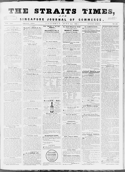 The Straits Times and Singapore Journal of Commerce on 5 June 1858.