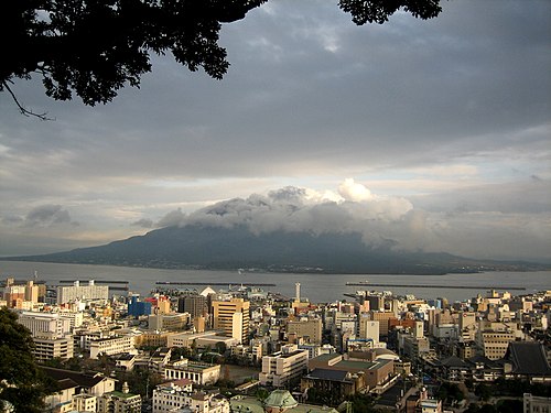 Kagoshima City, Kagoshima Prefecture and the active volcano Sakurajima