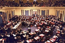 The impeachment trial of President Clinton in 1999, Chief Justice William Rehnquist presiding Senate in session.jpg
