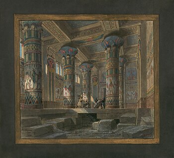 Scenedesign av Philippe Chaperon for den andre scenen i tredje akt av Aida, 1871