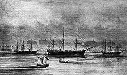 Корабли русской эскадры на рейде Сан-Франциско. Слева направо: «Рында», «Богатырь» и «Калевала»