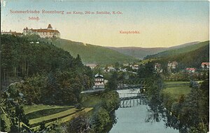 Sommerfrische Rosenburg am Kamp um 1910, typische Postkarte einer österreichischen Sommerfrische mit Ansicht des Ortes und Erwähnung wichtiger Bauten.