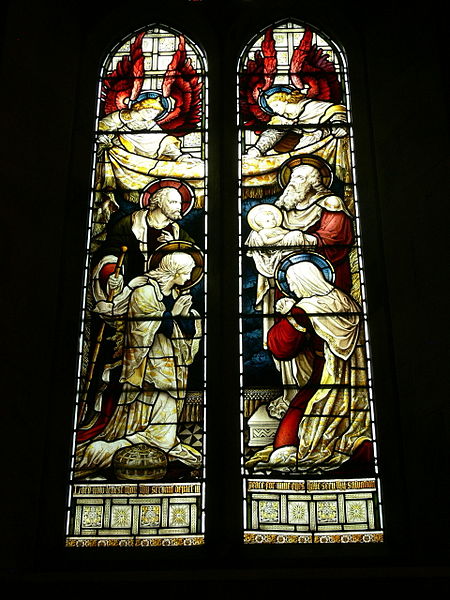 Stained glass window in St. Alban's Anglican Church in Copenhagen, Denmark, depicting the "Nunc dimittis" scene