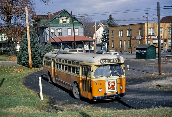 A St. Louis Car-built trolley bus in Johnstown, Pennsylvania, in 1967