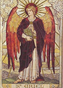 Mosaik „Sankt Uriel“ in der Johanneskirche, Warminster, Wiltshire, England.