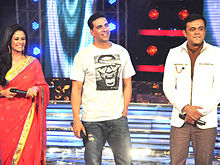 Raghavan (right) with Akshay Kumar (center) and Mona Singh (left) on sets of "Star Ya Rockstar" Sumeet and Akshay.jpg