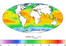 The graphic presents the present-day annual mean surface omega calcite: the normalised saturation state of calcite. Areas with a value less an 1 indicate a likeliness for dissolution (undersaturated) while a value over 1 indicates areas less likely for dissolution (oversaturation). Surface ocean present-day omega calcite, GLODAPv2.png