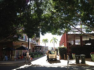 Woolstore Precinct today with renovated heritage buildings and commercial activities on the ground level, encourages a desirable riverfront lifestyle Teneriffe Precinct Street.JPG