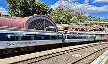 Spirit of Queensland carriages The Spirit of Queensland at Roma Street railway station, Brisbane, 2021, 02.jpg