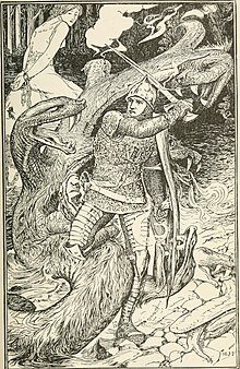 The knight in fierce battle against the Seven-headed serpent. Illustration from Andrew Lang's The Pink Fairy Book. The pink fairy book (1897) (14597435289).jpg