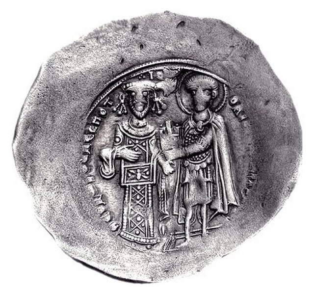 Electrum coin with Theodore (left) blessed by Thessalonica's patron, St. Demetrius