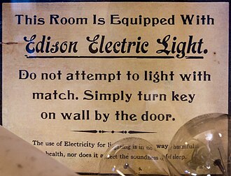 Sign with instructions on the use of light bulbs This room is equipped with Edison electric light.jpg