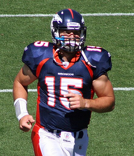 Tebow during warm-ups with the Denver Broncos at Sports Authority Field at Mile High in 2010