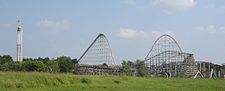 A view of Timber Wolf and Mamba from outside the park. Timber Wolf at Worlds of Fun.jpg